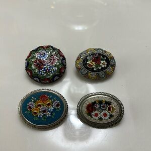 Micro Glass Mosaic Inlay Filigree  Handcrafted lot of 4 brooches